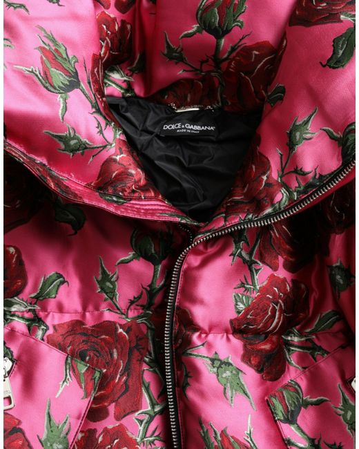Dolce & Gabbana Red Pink Roses Pattern Hooded Padded Zip Jacket