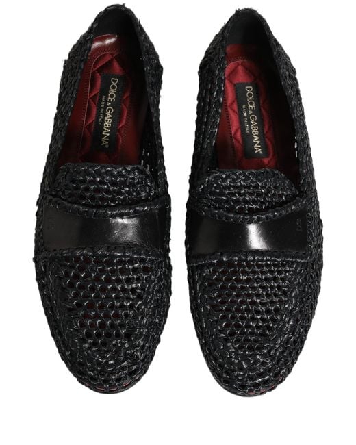 Dolce & Gabbana Black Woven Raffia Slip On Loafers Shoes for men