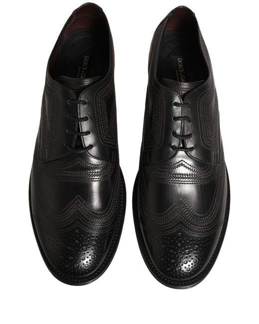 Dolce & Gabbana Brown Black Embroidered Leather Derby Dress Shoes for men