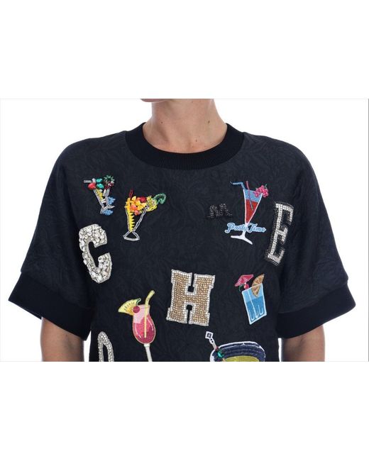 Dolce & Gabbana Blue Brocade Cocktail Crystal Sweater