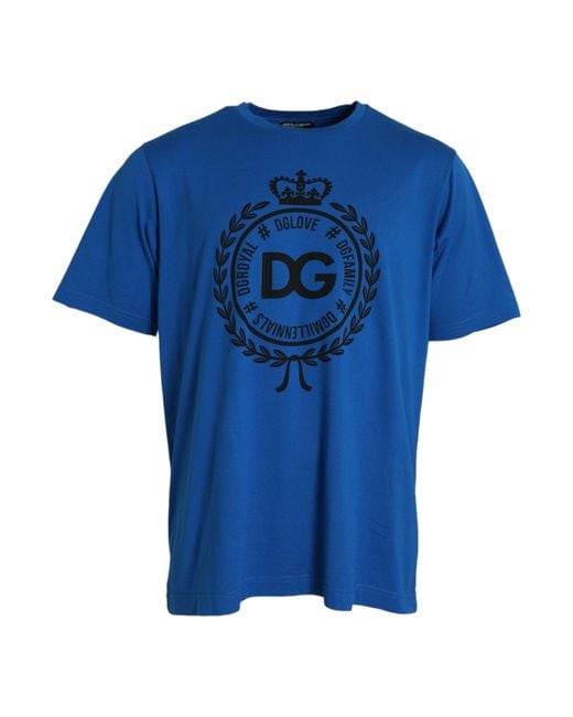 Dolce & Gabbana Blue Crown Logo Cotton Crew Neck T-Shirt for men