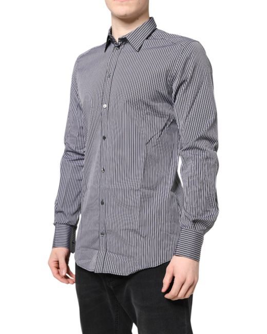 Dolce & Gabbana Gray Black White Striped Gold Formal Dress Shirt for men