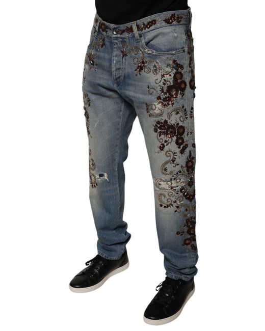Dolce & Gabbana Blue Straight Jeans Floral Embroidery for men