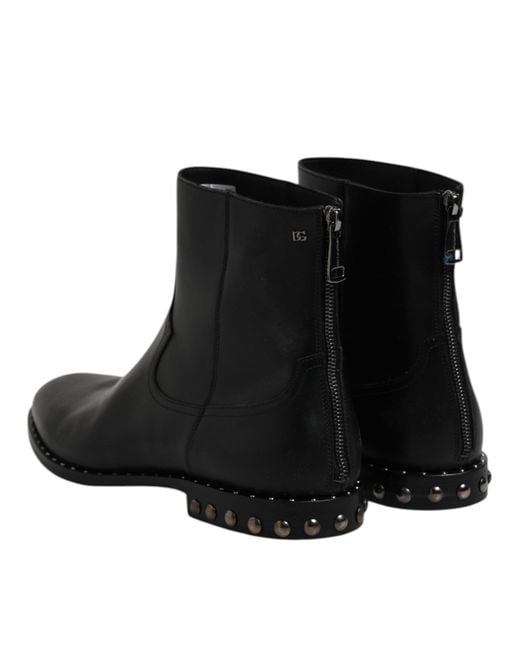 Dolce & Gabbana Black Leather Logo Ankle Boots Studded Shoes for men