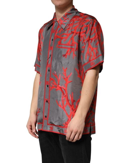 Dolce & Gabbana Red Corals Short Sleeves Casual Shirt Silk for men