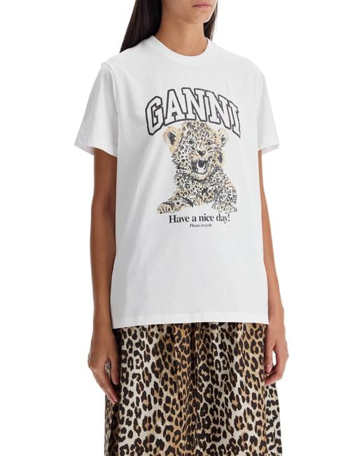 Ganni White Relaxed Fit Printed T Shirt