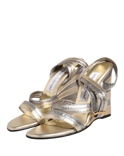 Dolce & Gabbana White Gold Silver Leather Wedge Heels Sandals Shoes
