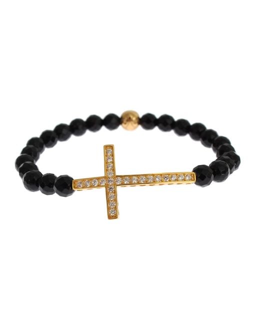 Nialaya Black Agate Stone Gold Cz Cross 925 Silver Bracelet