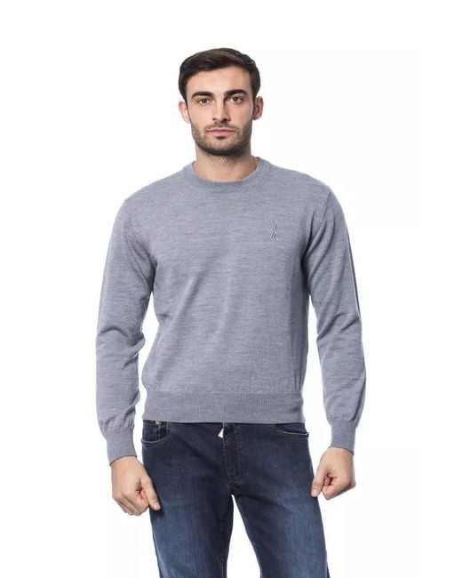 Billionaire Italian Couture Blue Embroidered Merino Wool Crew Neck Sweater for men