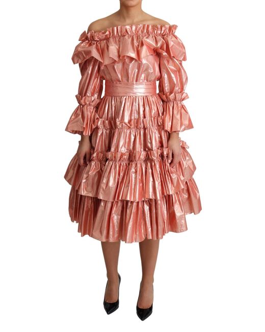 Dolce & Gabbana Red Ruffled Silk Cotton Gown Dress