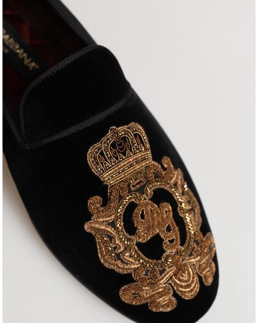 Dolce & Gabbana Black Velvet Gold Crown Mens Loafers Shoes for men