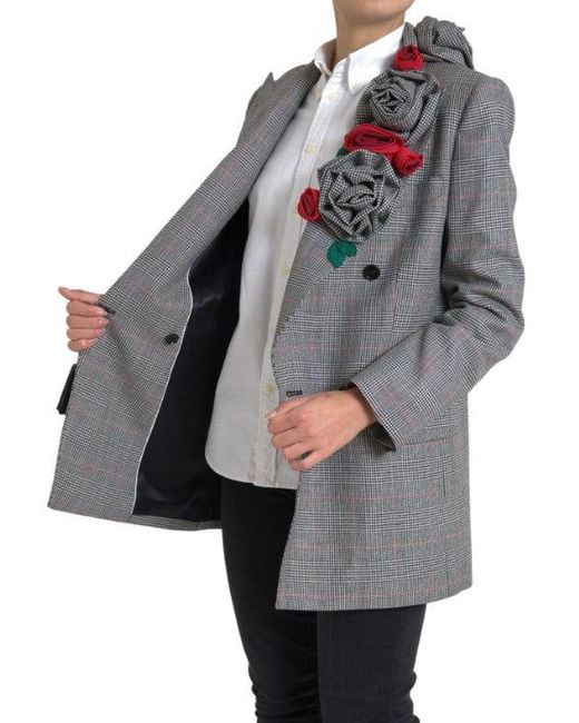 Dolce & Gabbana Gray Plaid Rose Applique Coat Blazer Jacket