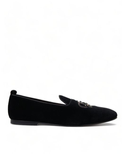 Dolce & Gabbana Black Velvet Slippers With Crown Embroidery for men