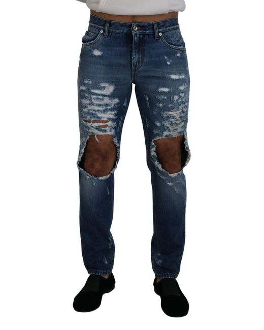 Dolce & Gabbana Blue Cotton Tattered Denim Jeans for men