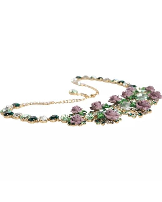 Dolce & Gabbana Green Brass Link Chain Rose Petal Crystal Necklace