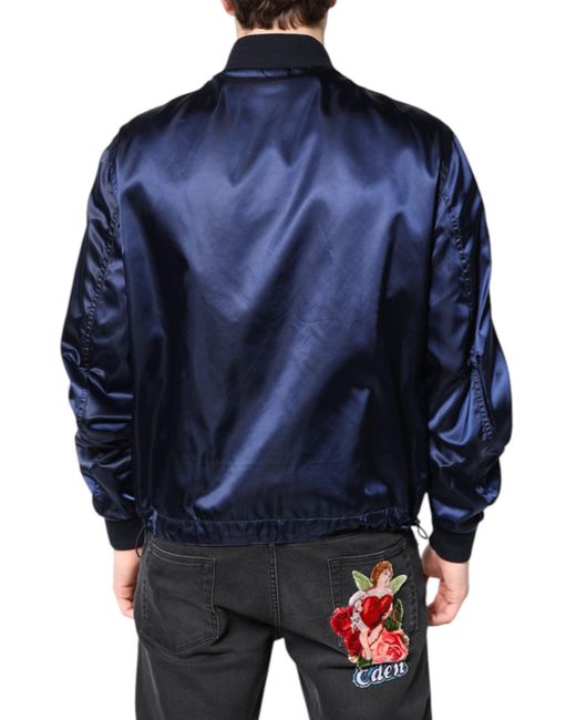 Dolce & Gabbana Blue Satin Jacket Logo Embroidery for men