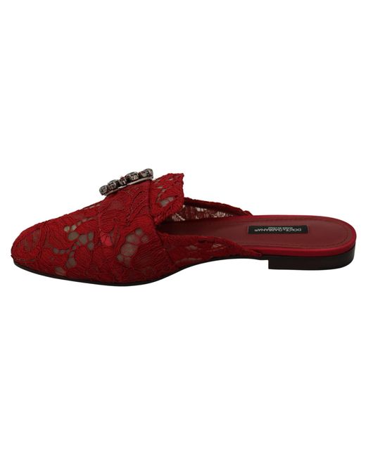 Dolce & Gabbana Red Lace Crystal Slide On Flats Shoes