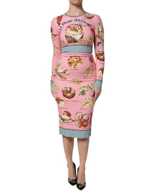 Dolce & Gabbana Red Italian Bread Print Midi Dress