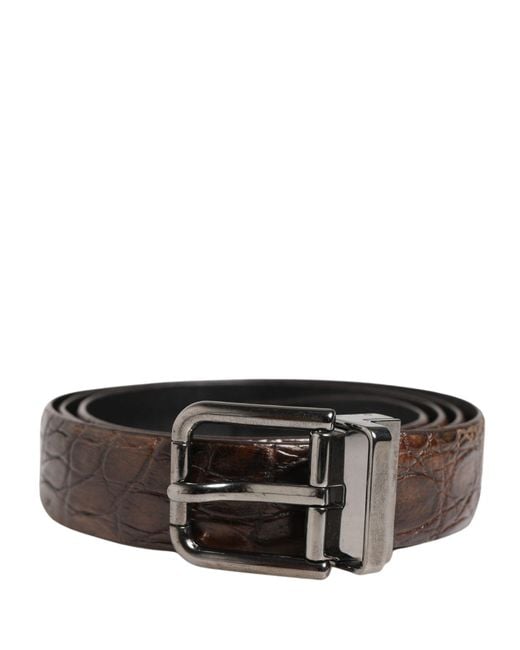 Dolce & Gabbana Gray Leather Tone Metal Buckle Belt Caiman for men