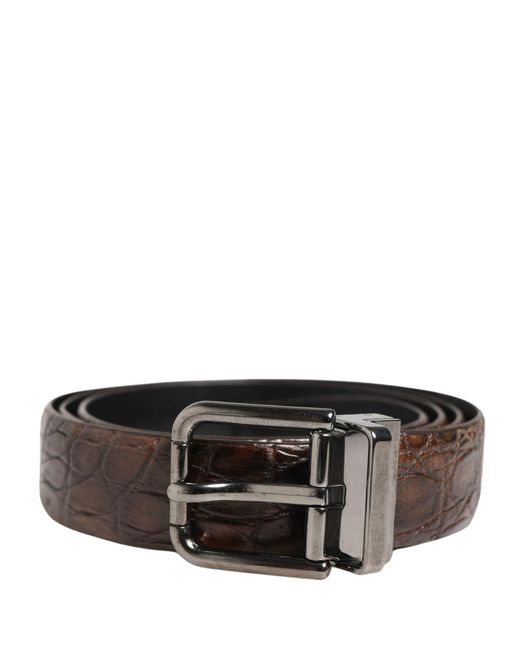 Dolce & Gabbana Gray Leather Tone Metal Buckle Belt Caiman for men