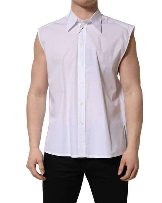Dolce & Gabbana White Cotton Sleeveless Formal Dress Shirt for men