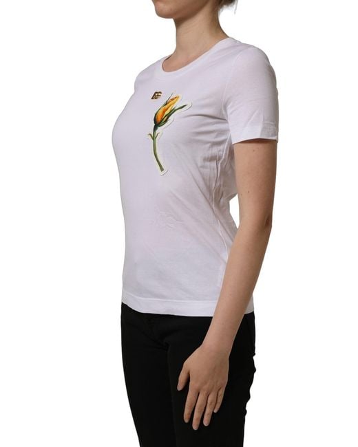Dolce & Gabbana White Cotton Rose Patch Crew Neck T