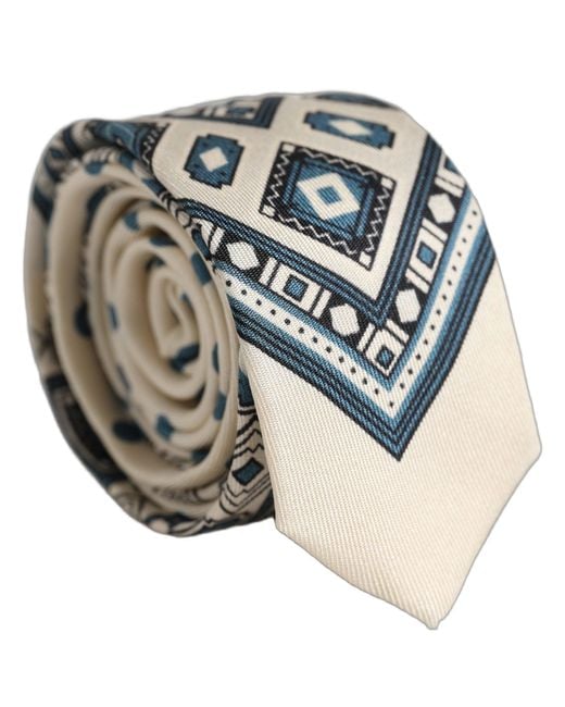 Dolce & Gabbana Men Off White Blue Geometric Adjustable Tied Necktie Tie for men
