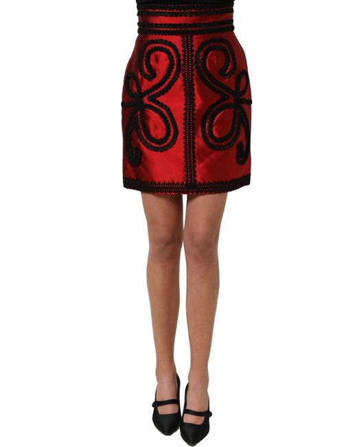 Dolce & Gabbana Red Soutache Embroidery A-Line Mini Skirt Silk Viscose Cotton Polyester