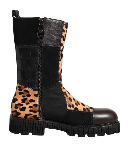 Dolce & Gabbana Black Multicolor Leopard Mid Calf Boots Shoes for men