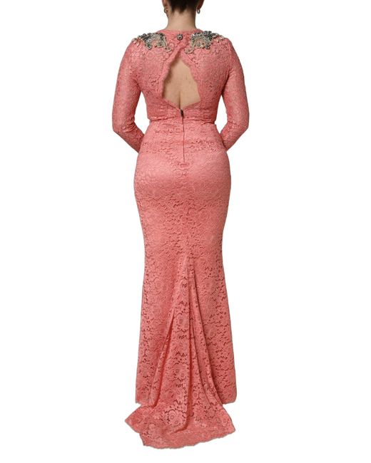 Dolce & Gabbana Red Pink Embellished Mermaid Lace Gown Dress