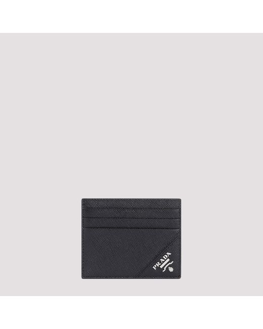 Prada Gray Black Leather Card Holder With Logo for men