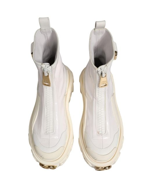 Dolce & Gabbana Natural White Leather Rubber Logo Ankle Boots Shoes