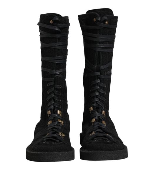 Dolce & Gabbana Black Alpaca Wool Suede Mid Calf Boots Shoes for men