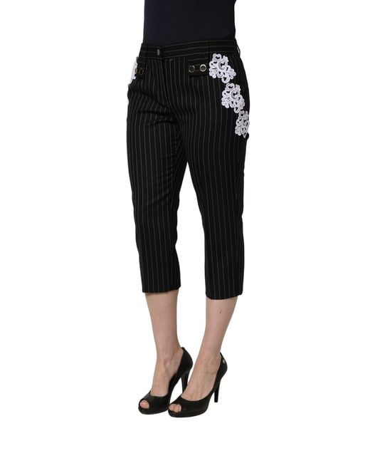 Dolce & Gabbana Black Lace Applique Pinstripe Cropped Pants