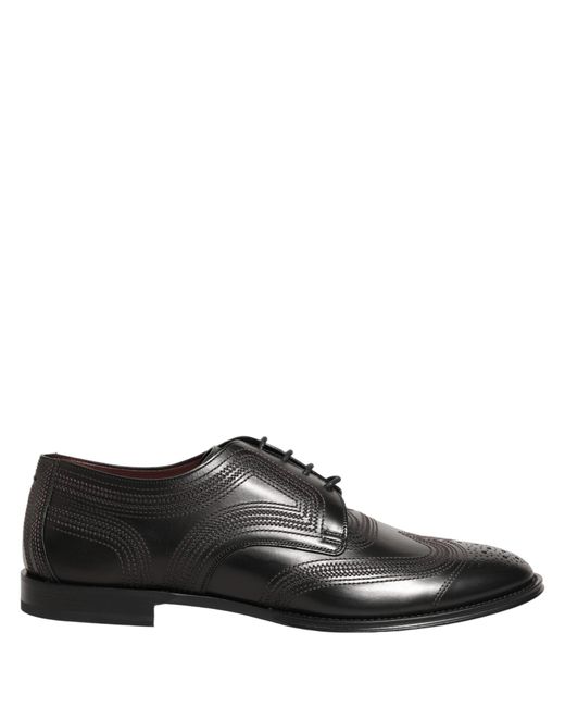 Dolce & Gabbana Brown Black Embroidered Leather Derby Dress Shoes for men