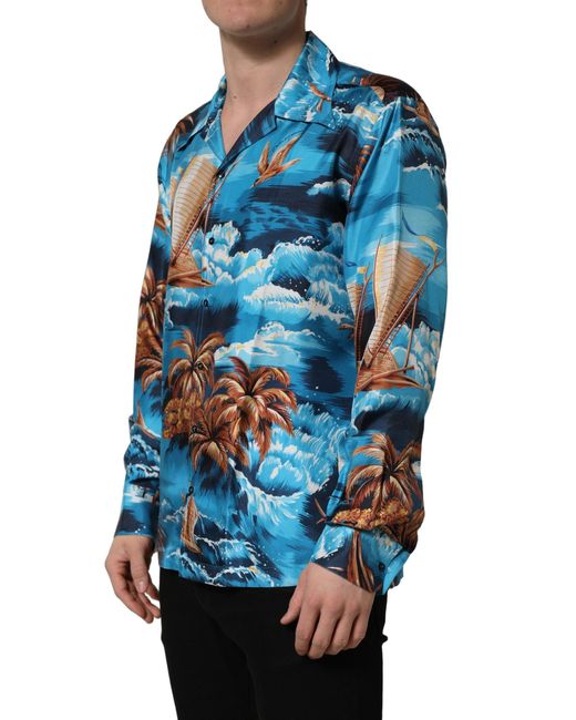 Dolce & Gabbana Blue Silk Twill Hawaiian Graphicprint Shirt for men