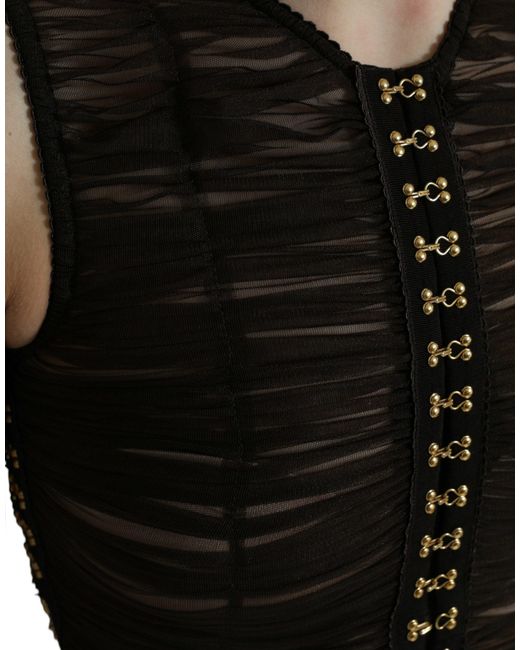 Dolce & Gabbana Black Brown Embellished Nylon Stretch Cropped Top