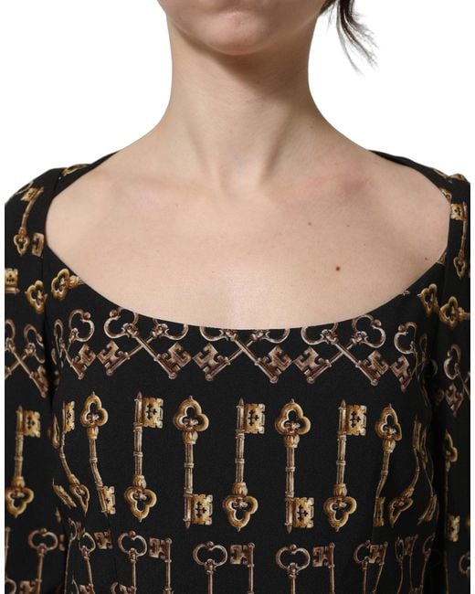 Dolce & Gabbana Black Key Print Long Sleeves Sheath Midi Dress
