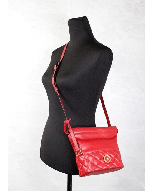 Versace Red Quilted Leather Drawstring Shoulder Bag Bucket Crossbody Handbag