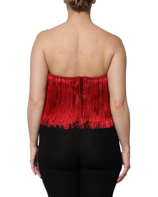 Dolce & Gabbana Red Silk Strapless Fringe Crop Tube Top for men