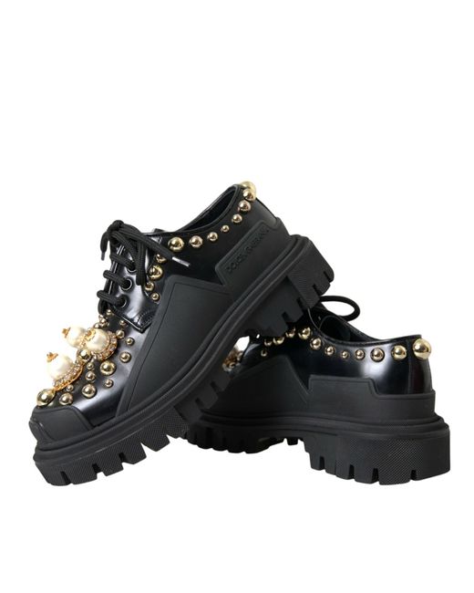 Dolce & Gabbana Black Leather Trekking Derby Embellished Shoes