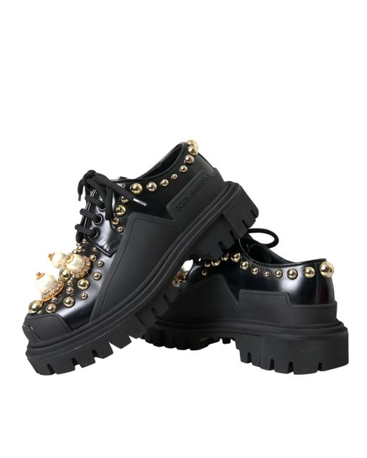 Dolce & Gabbana Black Leather Trekking Derby Embellished