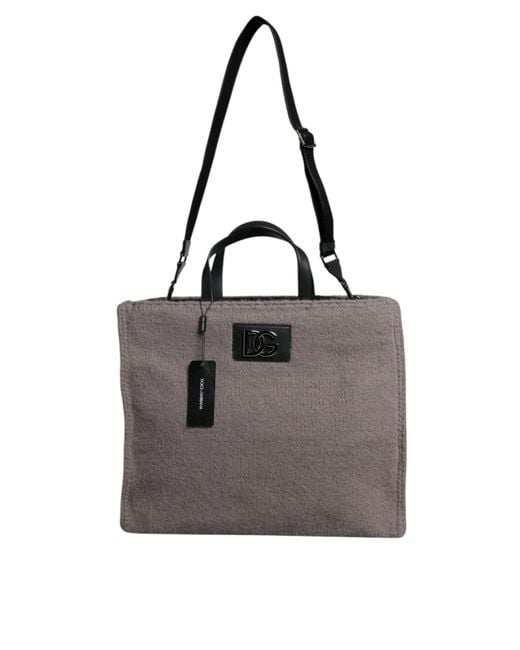 Dolce & Gabbana Black Grey Alpaca Wool Logo Plaque Tote Shoulder Bag for men