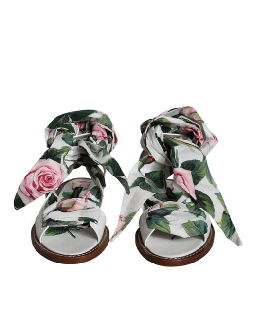 Dolce & Gabbana Metallic Floral Print Ankle Wrap Sandals Shoes