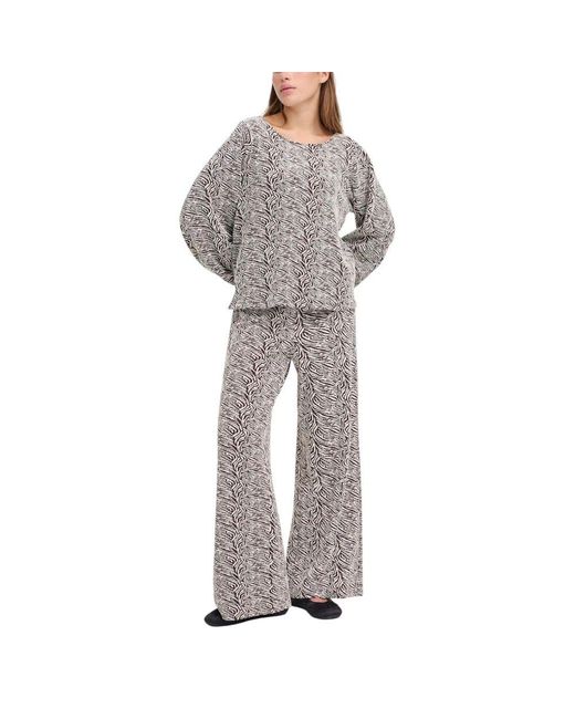 Ichi Gray Brown Polyester Casual Pants
