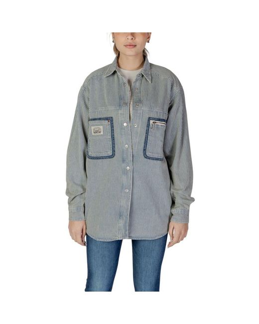 Replay Gray Pinstripe Long Sleeve Cotton Shirt With Classic Collar