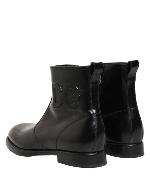 Dolce & Gabbana Black Leather Embossed Logo Ankle Boots Shoes for men