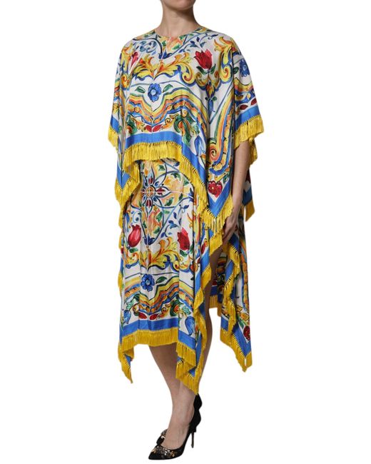 Dolce & Gabbana Blue Multicolor Majolica Kaftan Short Sleeves Maxi Dress