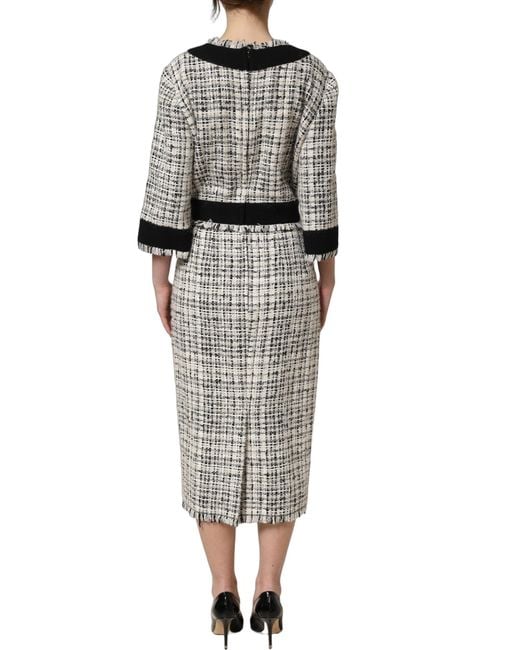 Dolce & Gabbana Gray Multicolor Bouclé Tweed Frayed Trim Midi Dress