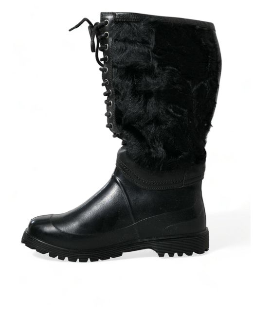 Dolce & Gabbana Black Rubber Lace Up Shearling Rain Boots Shoes for men